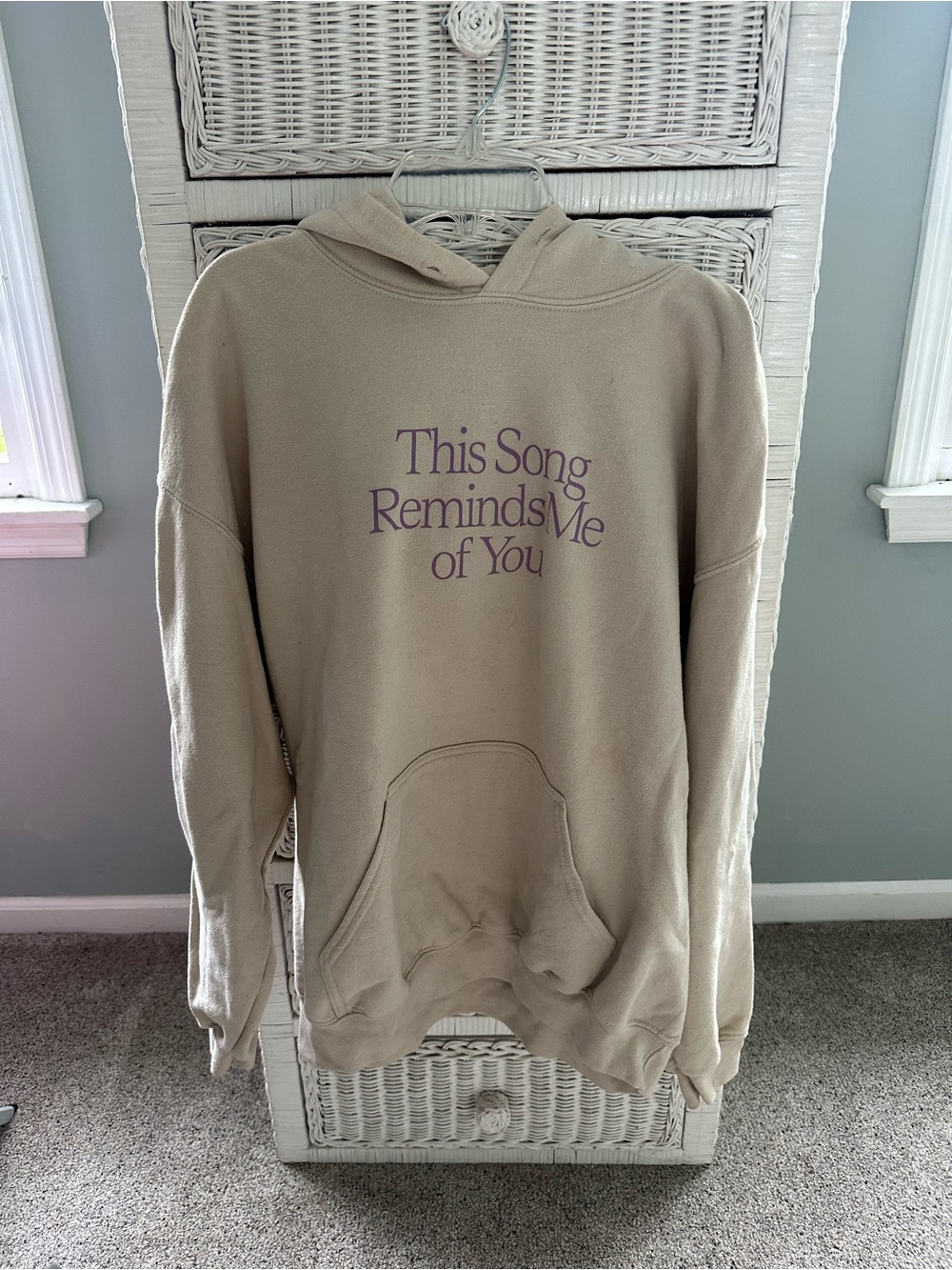 LONELY GHOST Cream Crewneck Hoodie with Purple Slogan